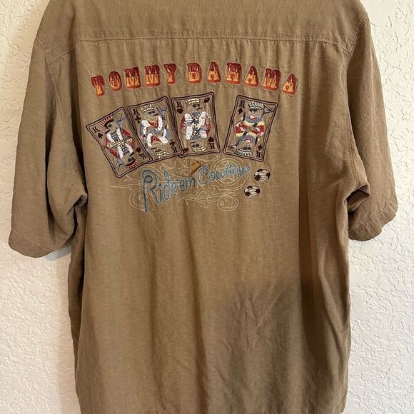 Tommy‎ Bahama Brown Embroidered RIDE EM COWBOYS Silk Shirt Poker Size Large - Picture 8 of 10